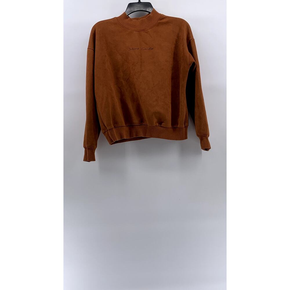 FASHION Women's Brown Blind Child Logo Soft Faux Suede Crewneck Sweatshirt SZ S